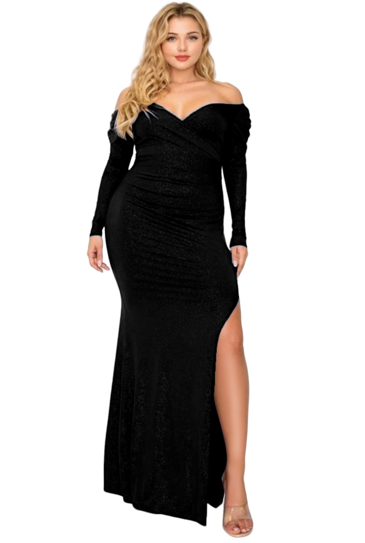 Final Sale Plus Size Glitter Off the Shoulder Gown with Ruched Slide and Slit in Black
