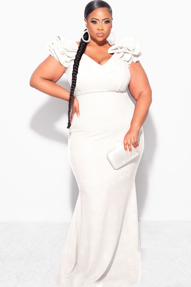 Final Sale Plus Size Gown with Layered Sleeves in Ivory (Non-Glitter Fabric)