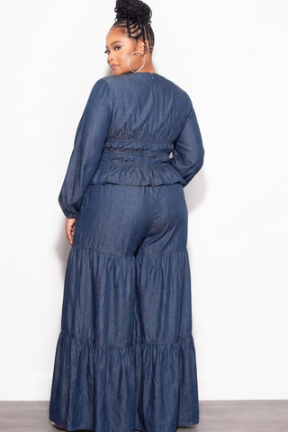 Final Sale Plus Size Long Sleeve Jumpsuit with Shirring Dark Denim Chambray