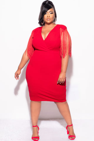 Final Sale Plus Size Faux Wrap Fringe Shoulder BodyCon Dress in Red