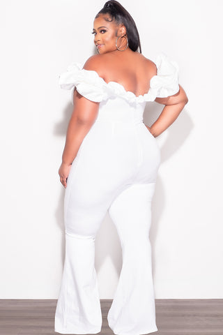 Final Sale Plus Size Off the Shoulder Ruffle Sleeve Pleated Corset Jumpsuit in White