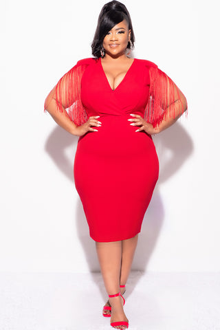 Final Sale Plus Size Faux Wrap Fringe Shoulder BodyCon Dress in Red