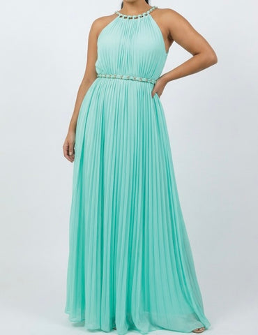 Final Sale Plus Size Sleeveless Chiffon  Chain Halter Neck Maxi Dress in Mint