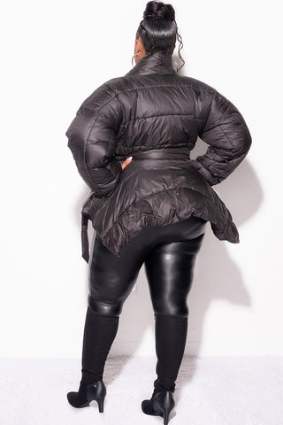 Final Sale Plus Size Belted Puffer Jacket in Black