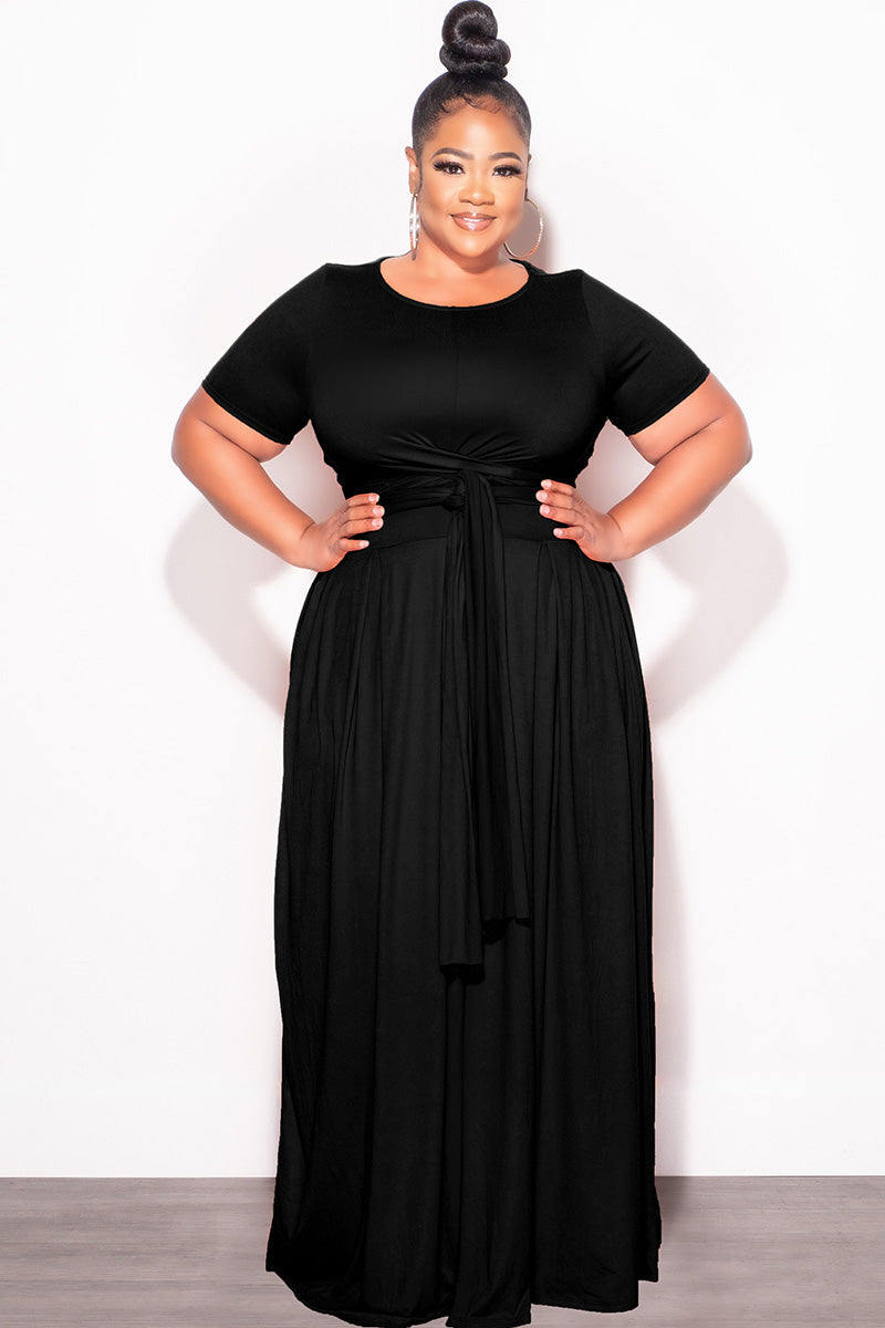 Final Sale Plus Size 2pc Short Sleeve Tie Top and Skirt Set in Black