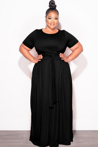 Final Sale Plus Size 2pc Short Sleeve Tie Top and Skirt Set in Black