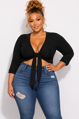 Final Sale Plus Size Textured Crop Tie Top in Black