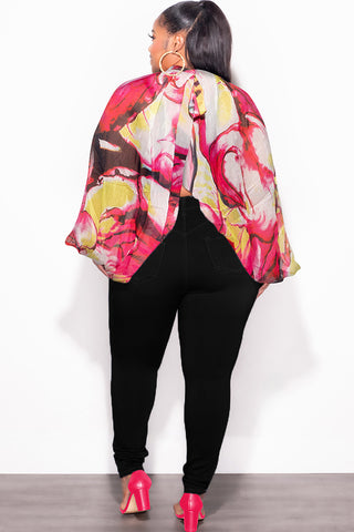 Final Sale Plus Size Sheer Balloon Sleeve Crop Top in Fuchsia and Black Multi Color
