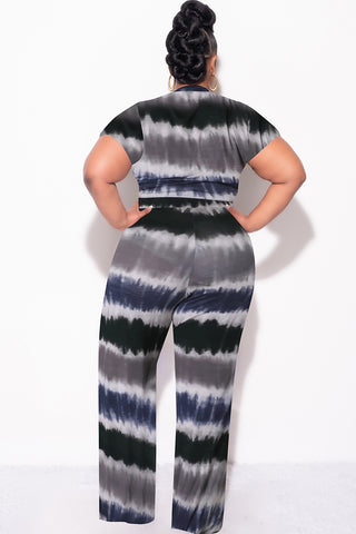 Final Sale Plus Size 2pc Crop Tie Top and Pants Set in Navy & Grey