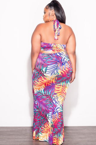 Final Sale Plus Size 2pc Halter Crop Tie Top and Maxi Skirt Set in Fuchsia & Orange Floral Multi Color Print