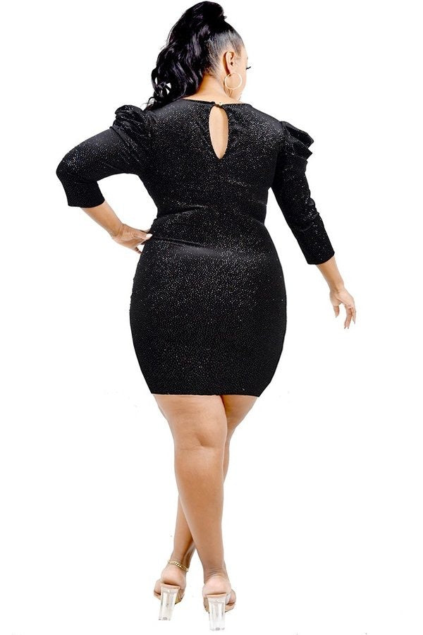 Final Sale Plus Size Faux Wrap Shimmer Ruched Dress in Black