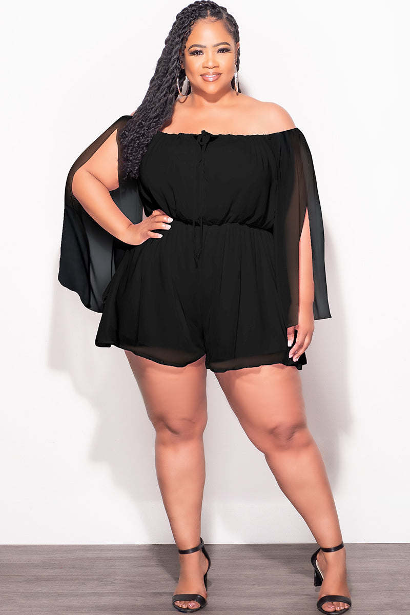 Final Sale Plus Size Off the Shoulder Chiffon Romper with Slit Sleeves Chic And Curvy Final Sale Plus Size Off the Shoulder Chiffon Romper with Slit Sleeves Chic And Curvy