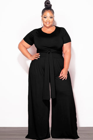 Final Sale Plus Size 2pc Short Sleeve Tie Top and Pants Set in Black