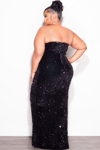 Final Sale Plus Size Strapless Pleated Ruffle Velvet & Sequin Gown with Front Slit in Black