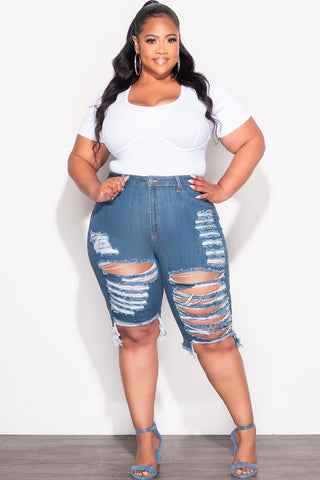 Final Sale Plus Size Distress Bermuda Shorts in Dark Denim