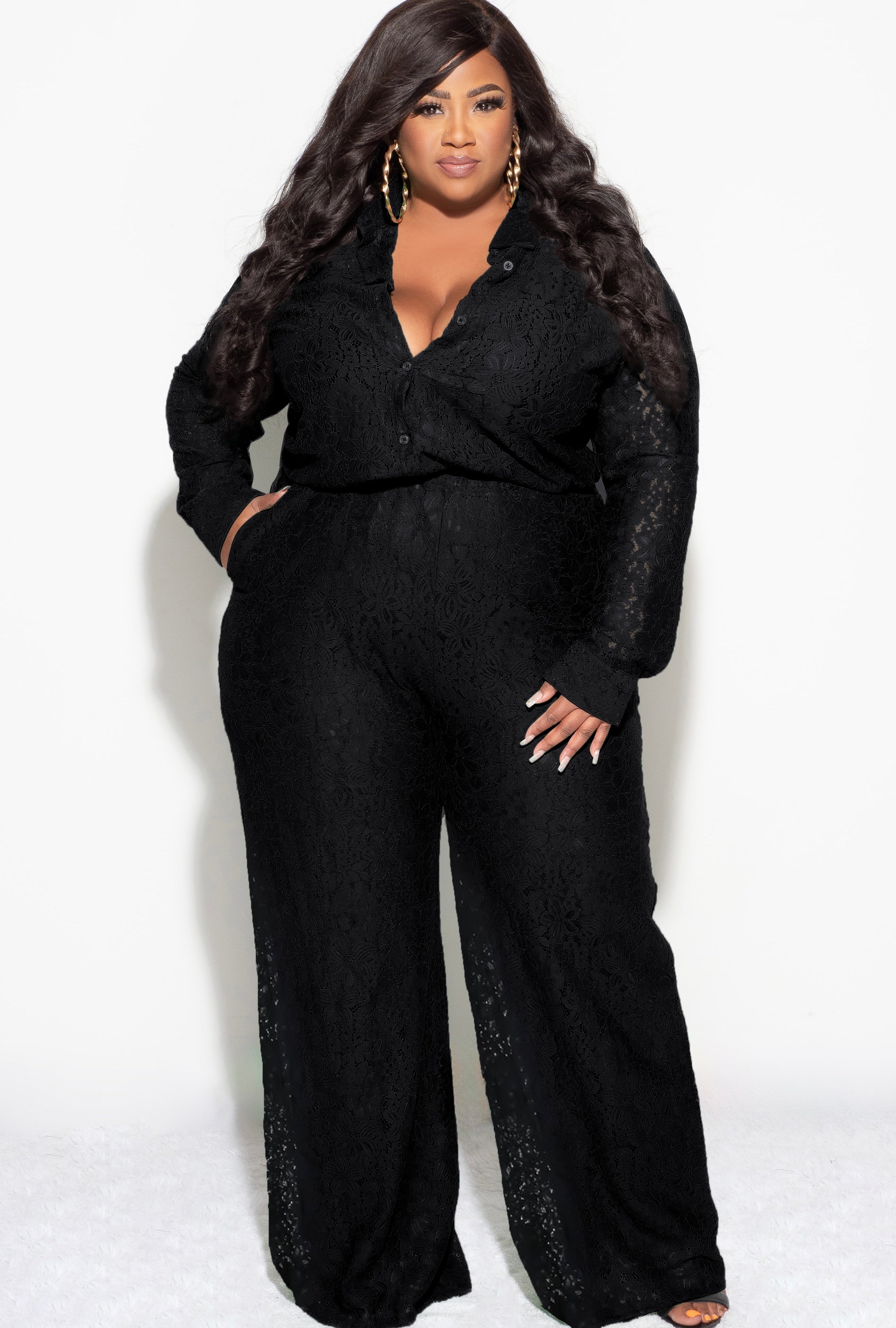 Final Sale Plus Size 2pc Collar Button Up Top And Pants Set In Black