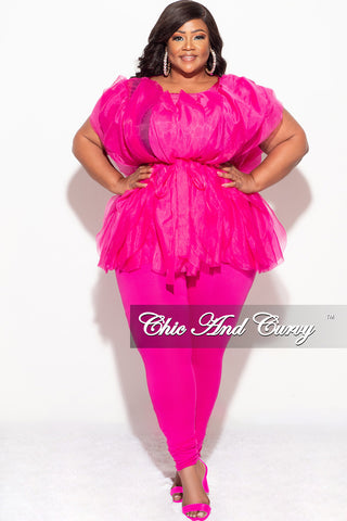 Final Sale Plus Size 2pc Sleeveless Ruffle Tulle Top and Pants Set in Fuchsia