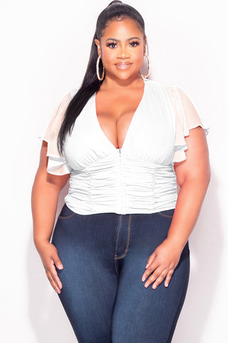Final Sale Plus Size Chiffon Ruched Corset Blouse with Flutter Sleeves in White