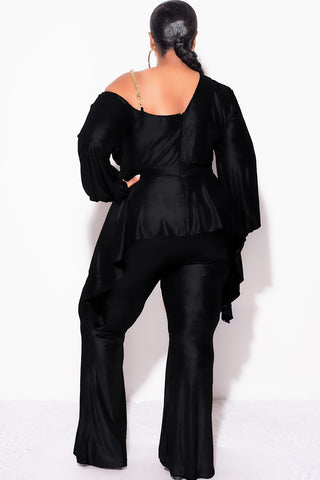 Final Sale Plus Size Cold Shoulder with Gold Chain & Asymmetrical Ruffle Peplum Jumpsuit in Black