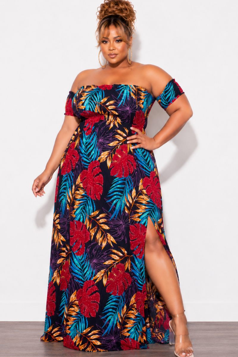 Final Sale Plus Size Sleeveless Frill Tiered Maxi Dress in Multi Color Leaf Print