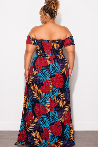 Final Sale Plus Size Sleeveless Frill Tiered Maxi Dress in Multi Color Leaf Print