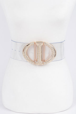 Final Sale Plus Size Rhinestone Metal Buckle Plus Size Transparent Belt in Gold