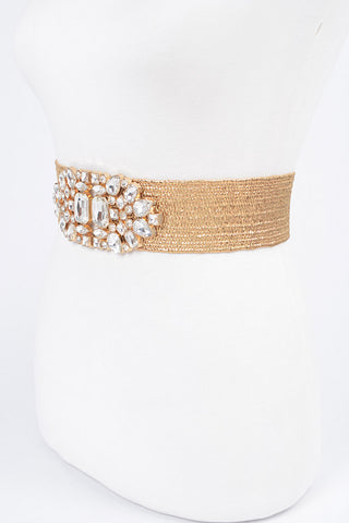 Final Sale Plus Size Gold Belt with Rhinestone Buckle Oval Multi Stone Metallic Straw Stretch Belt