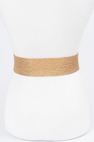 Final Sale Plus Size Gold Belt with Rhinestone Buckle Oval Multi Stone Metallic Straw Stretch Belt