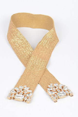 Final Sale Plus Size Gold Belt with Rhinestone Buckle Oval Multi Stone Metallic Straw Stretch Belt