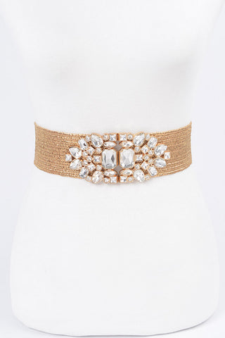 Final Sale Plus Size Gold Belt with Rhinestone Buckle Oval Multi Stone Metallic Straw Stretch Belt