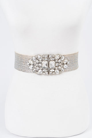Final Sale Plus Size Silver Belt with Rhinestone Multi Buckle Metallic Straw Stretch Belt