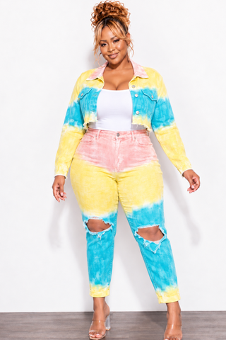 Final Sale Plus Size 2pc Set Distressed Denim Jacket & Pants in Turquoise, Yellow, & Peach Tie Dye