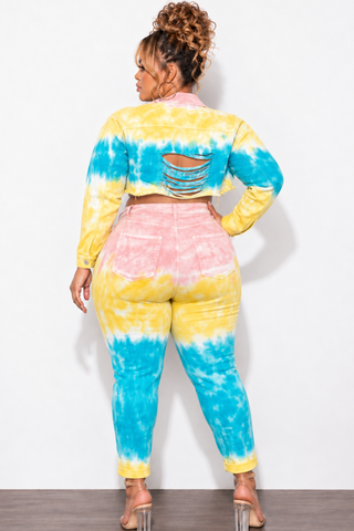 Final Sale Plus Size 2pc Set Distressed Denim Jacket & Pants in Turquoise, Yellow, & Peach Tie Dye