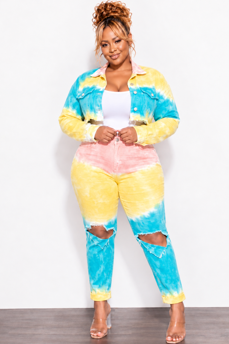 Final Sale Plus Size 2pc Set Distressed Denim Jacket & Pants in Turquoise, Yellow, & Peach Tie Dye