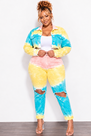 Final Sale Plus Size 2pc Set Distressed Denim Jacket & Pants in Turquoise, Yellow, & Peach Tie Dye