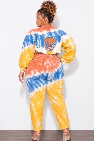 Final Sale Plus Size 2pc Set Distressed Denim Jacket & Pants in Mustard, Blue, & Orange Tie Dye