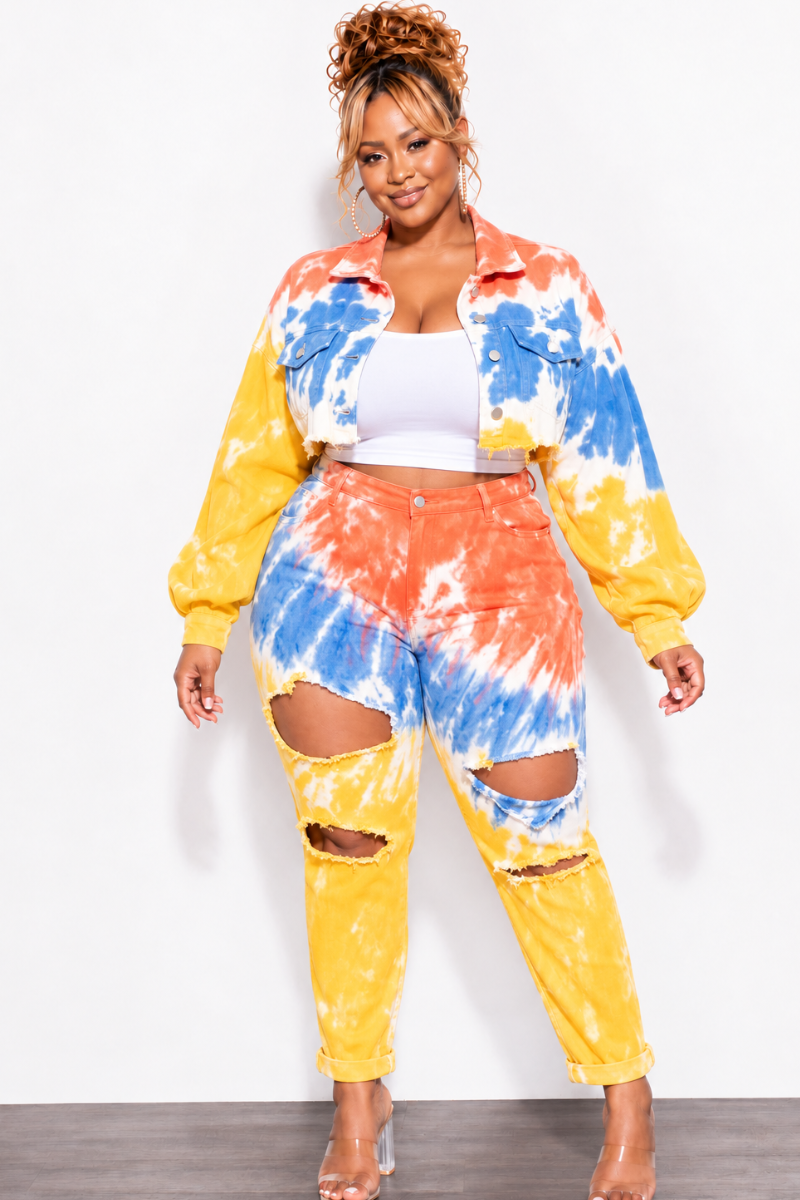 Final Sale Plus Size 2pc Set Distressed Denim Jacket & Pants in Mustard, Blue, & Orange Tie Dye