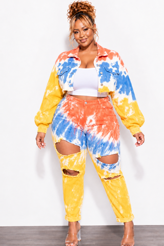 Final Sale Plus Size 2pc Set Distressed Denim Jacket & Pants in Mustard, Blue, & Orange Tie Dye