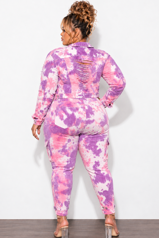 Final Sale Plus Size 2pc Set Distressed Denim Jacket & Pants in Purple/Pink Tie Dye