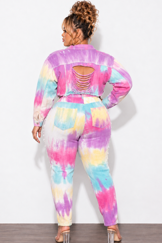 Final Sale Plus Size 2pc Set Distressed Denim Jacket & Pants in Pastel Tie Dye