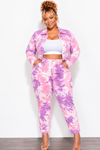 Final Sale Plus Size 2pc Set Distressed Denim Jacket & Pants in Purple/Pink Tie Dye