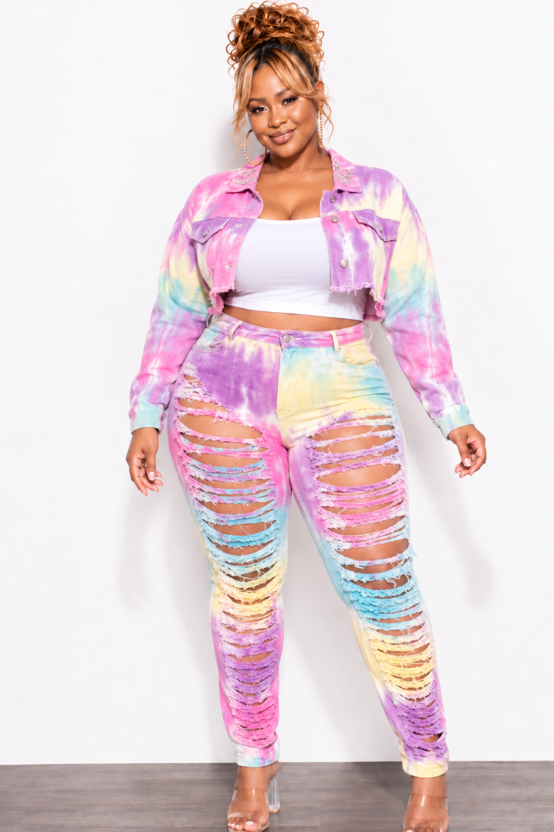 Final Sale Plus Size 2pc Set Distressed Denim Jacket & Pants in Pastel Tie Dye