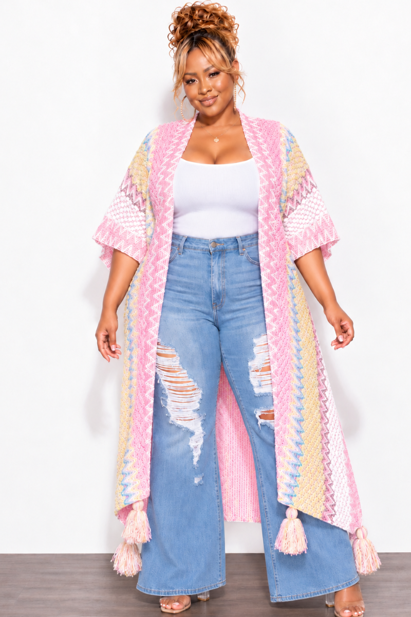 Final Sale Plus Size Knitted Cardigan with Bottom Tassels in Pink and Yellow