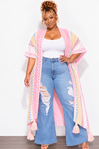 Final Sale Plus Size Knitted Cardigan with Bottom Tassels in Pink and Yellow