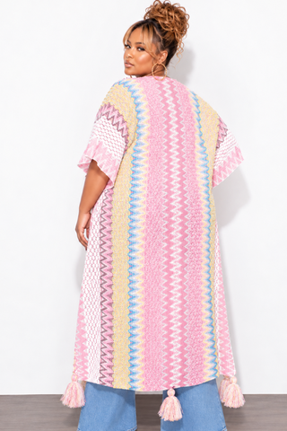 Final Sale Plus Size Knitted Cardigan with Bottom Tassels in Pink and Yellow