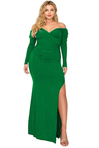 Final Sale Plus Size Glitter Off the Shoulder Gown with Ruched Slide and Slit in Green