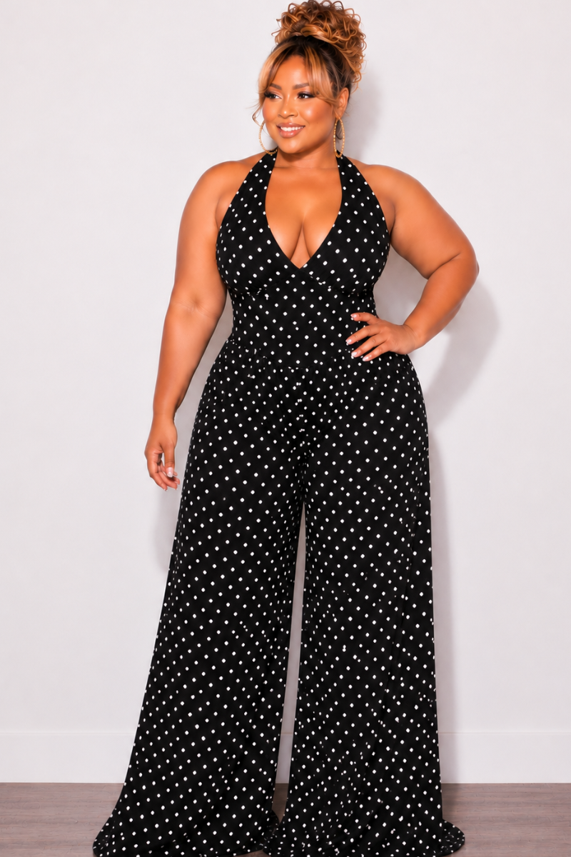 Final Sale Plus Size Halter Jumpsuit in Black/White Polka Dot Print