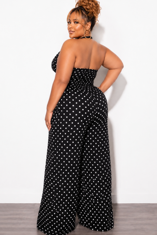 Final Sale Plus Size Halter Jumpsuit in Black/White Polka Dot Print