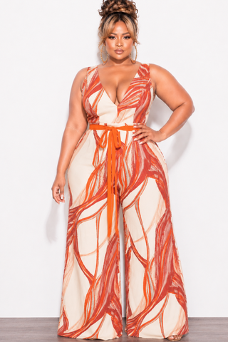 Final Sale Plus Size Tank V-Neck Jumpsuit in Rust & Cream Print