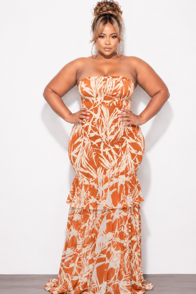Final Sale Plus Size Strapless Maxi Dress in Rust & Cream Print